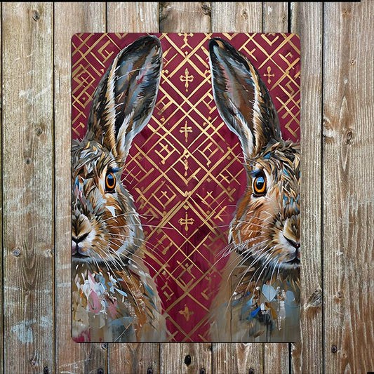 Hares Portrait Vintage Background Painting | Metal Sign Plaque