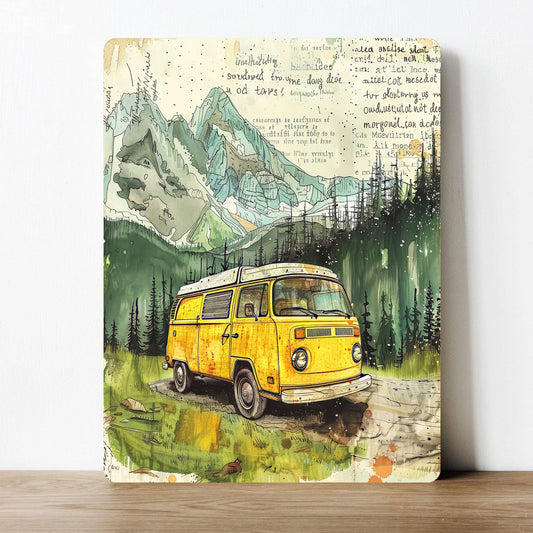 Vintage Yellow Camper Van Landscape | Metal Sign Plaque
