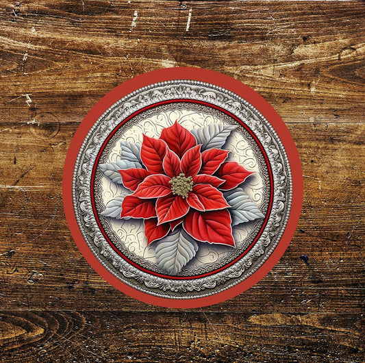 Christmas Poinsettia Flower Decoration Circle Metal Sign