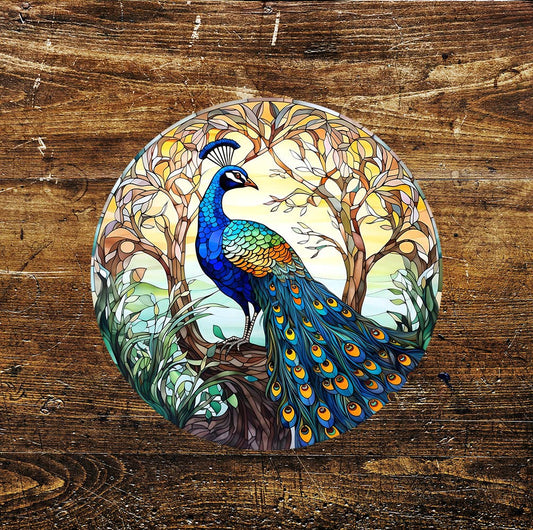 Peacock trees Stained Glass affect Circle Metal Sign