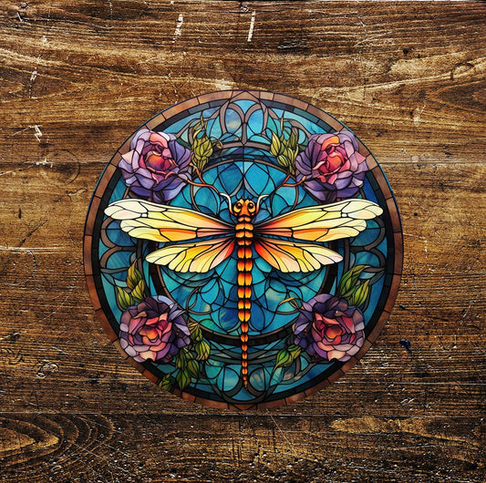 Dragonfly Stained Glass Mural affect Metal Sign Circle