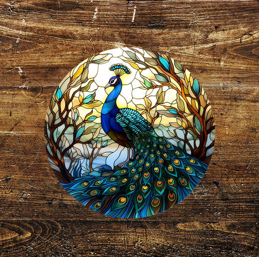 Blue Peacock Stained Glass affect Metal Sign Circle