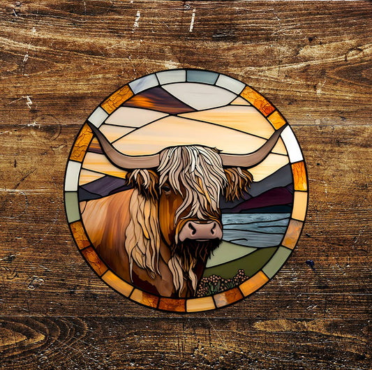 Highland cow Stream Stained Glass Affect Circle Metal Sign