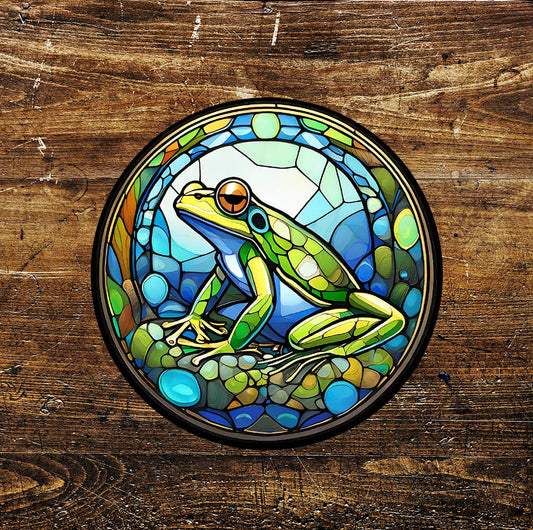 Frog sideways Stained Glass affect Circle Metal Sign