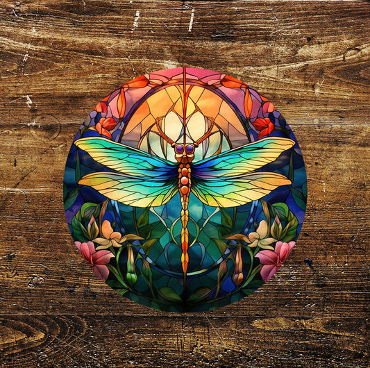 Dragonfly Green Stained Glass affect Circle Metal Sign