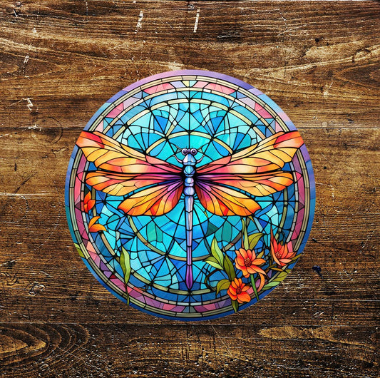 Dragonfly orange Stained Glass affect Metal Sign Circle