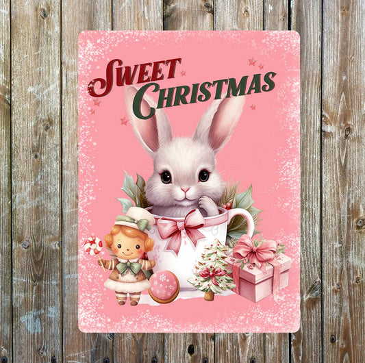 Sweet Christmas Bunny Rabbit Pink Metal Sign Plaque