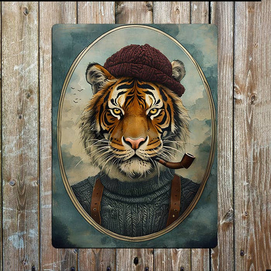 Vintage Tiger In Clothing Pipe & Hat | Metal Sign Plaque