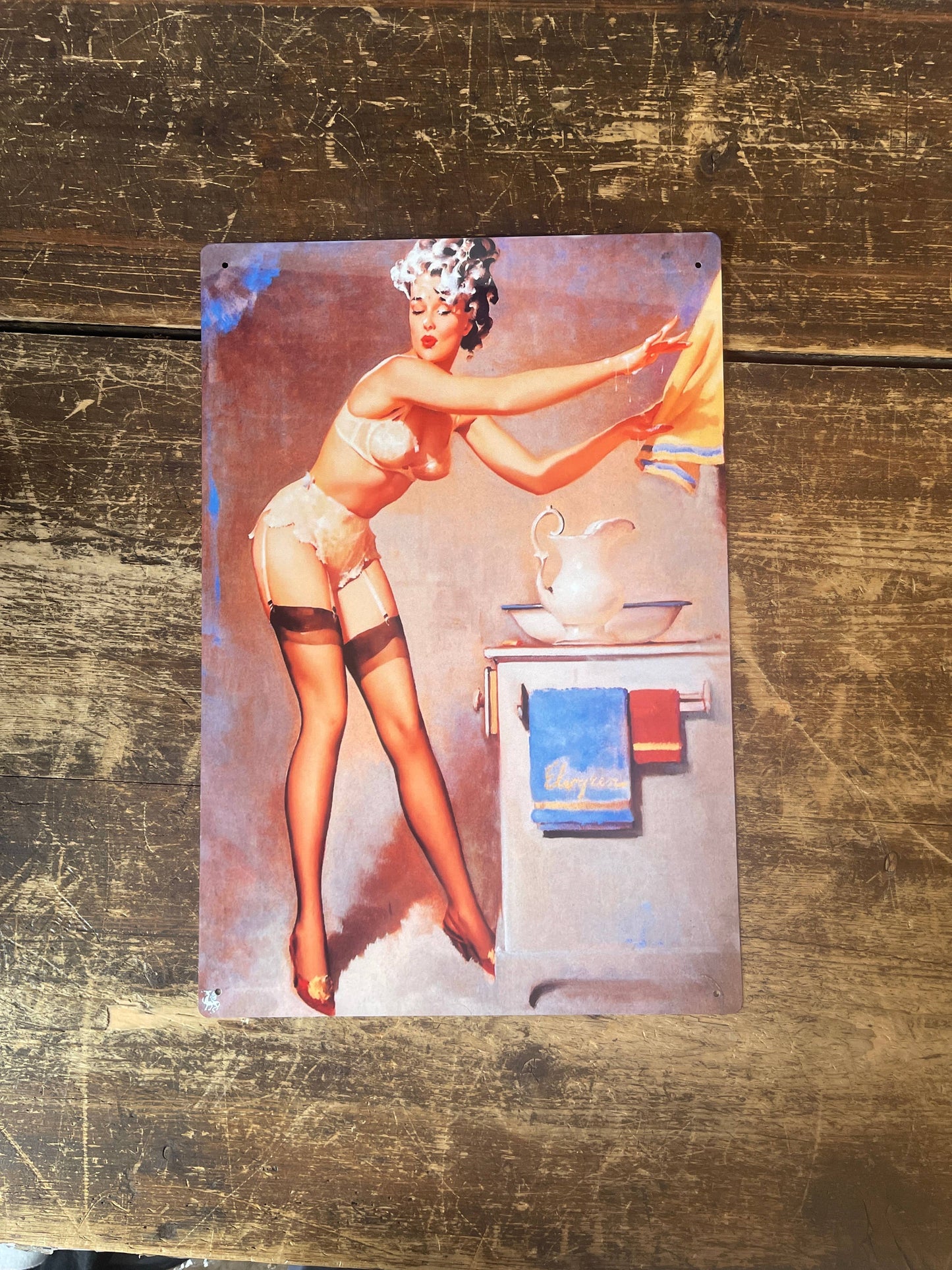 Pin Up Girl In Bathroom Metal Personalised Art Wall Sign