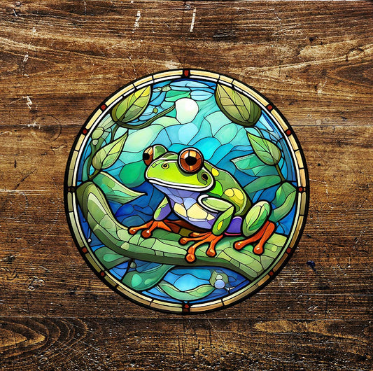 Frog Branch Tree Stained Glass affect Circle Metal Sign