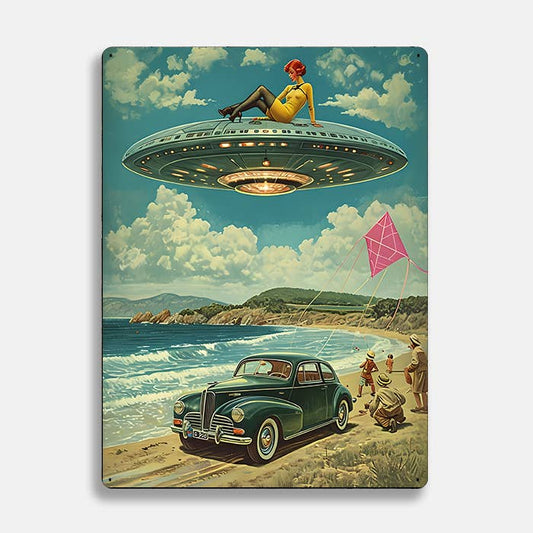 Vintage Beach Scene With UFO Alien | Metal Sign Plaque
