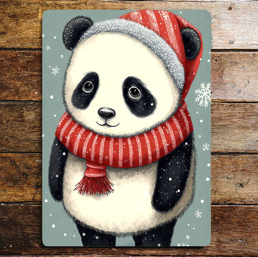 Cute Panda Hat Scarf Christmas Snow | Metal Sign Plaque
