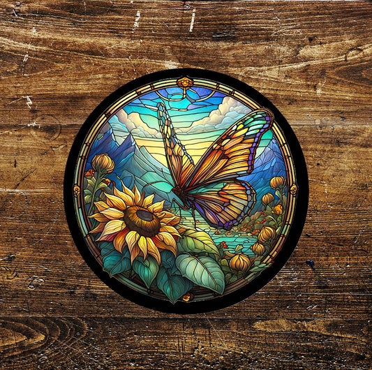 Butterfly Sunflower Stained Glass affect Circle Metal Sign